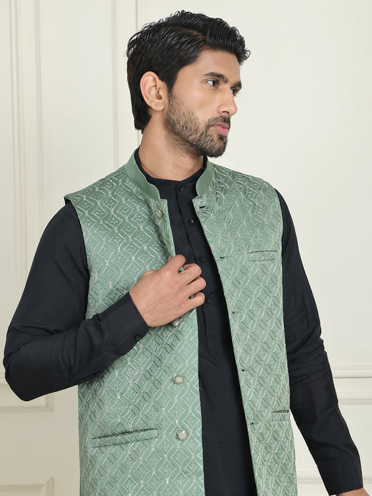 Embroidered Nehru Jacket With Solid Kurta Pyjama ( ANMKPWC 592B 7021Green  )
