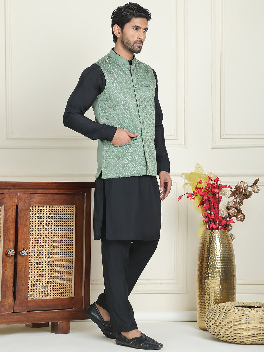 Embroidered Nehru Jacket With Solid Kurta Pyjama ( ANMKPWC 592B 7021Green  )