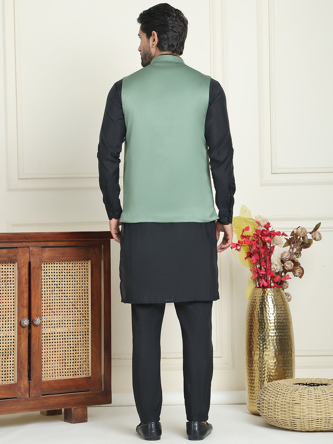 Embroidered Nehru Jacket With Solid Kurta Pyjama ( ANMKPWC 592B 7021Green  )