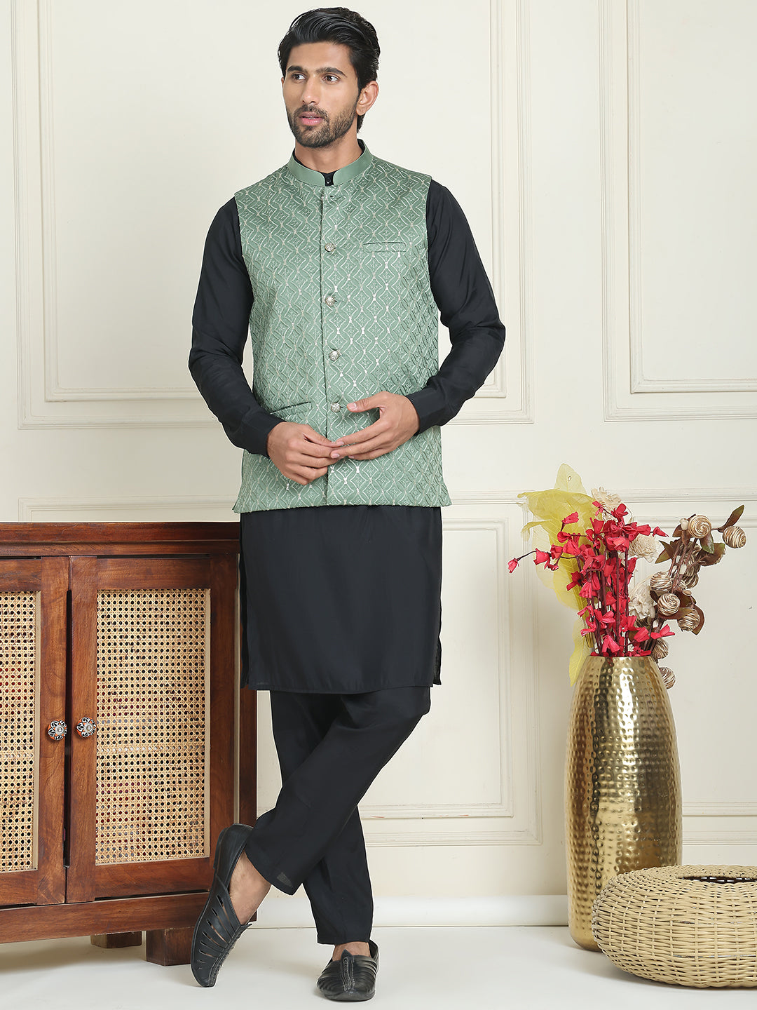 Embroidered Nehru Jacket With Solid Kurta Pyjama ( ANMKPWC 592B 7021Green  )
