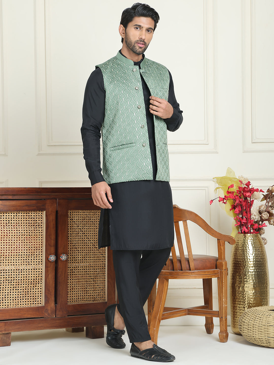 Embroidered Nehru Jacket With Solid Kurta Pyjama ( ANMKPWC 592B 7021Green  )