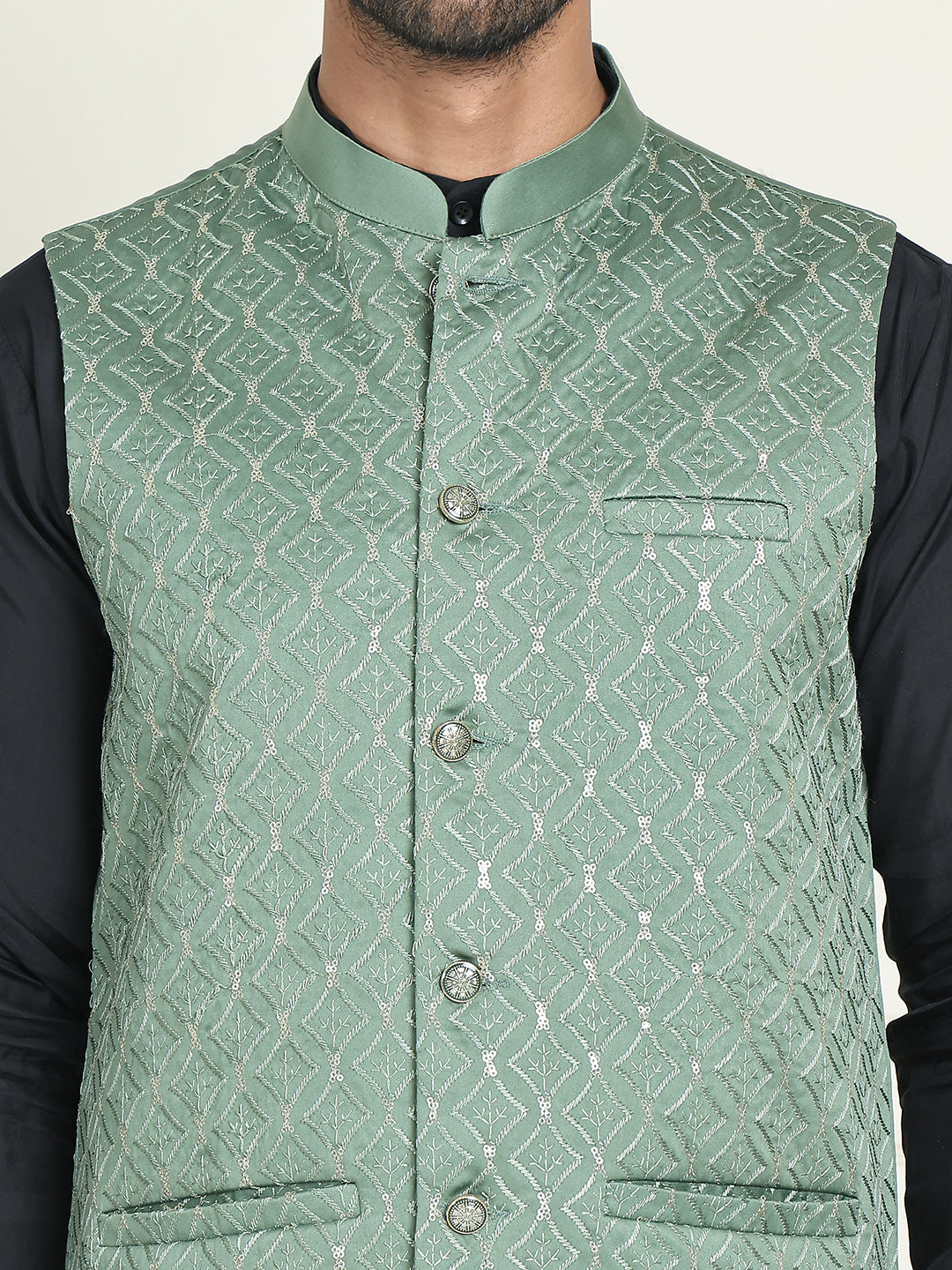 Embroidered Nehru Jacket With Solid Kurta Pyjama ( ANMKPWC 592B 7021Green  )