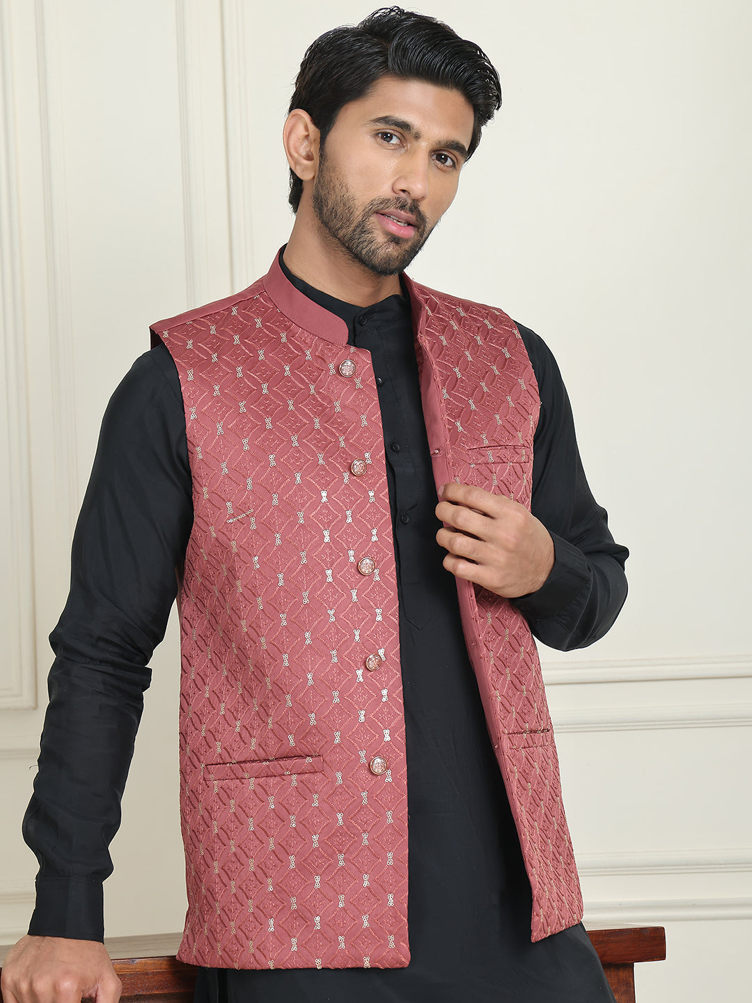 Embroidered Nehru Jacket With Solid Kurta Pyjama ( ANMKPWC 592B 7021Peach  )