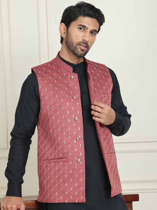 Embroidered Nehru Jacket With Solid Kurta Pyjama ( ANMKPWC 592B 7021Peach  )
