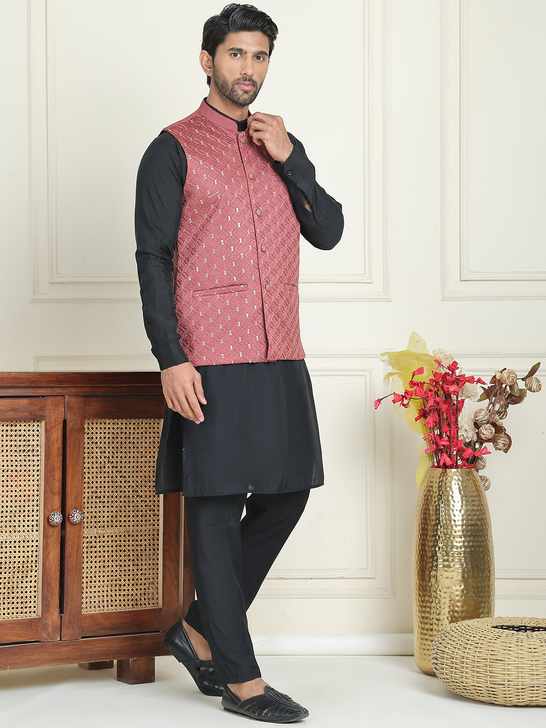 Embroidered Nehru Jacket With Solid Kurta Pyjama ( ANMKPWC 592B 7021Peach  )