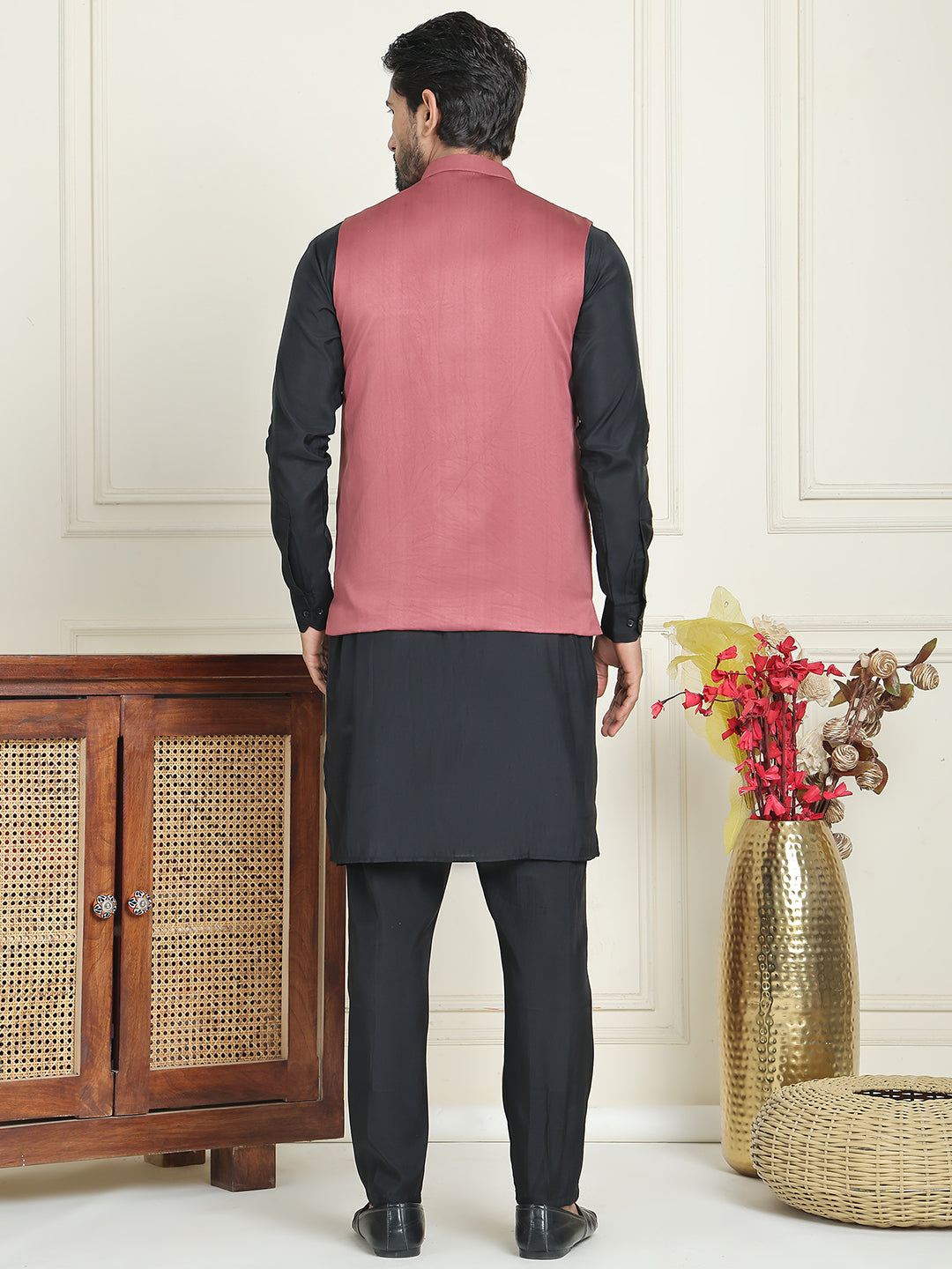 Embroidered Nehru Jacket With Solid Kurta Pyjama ( ANMKPWC 592B 7021Peach  )