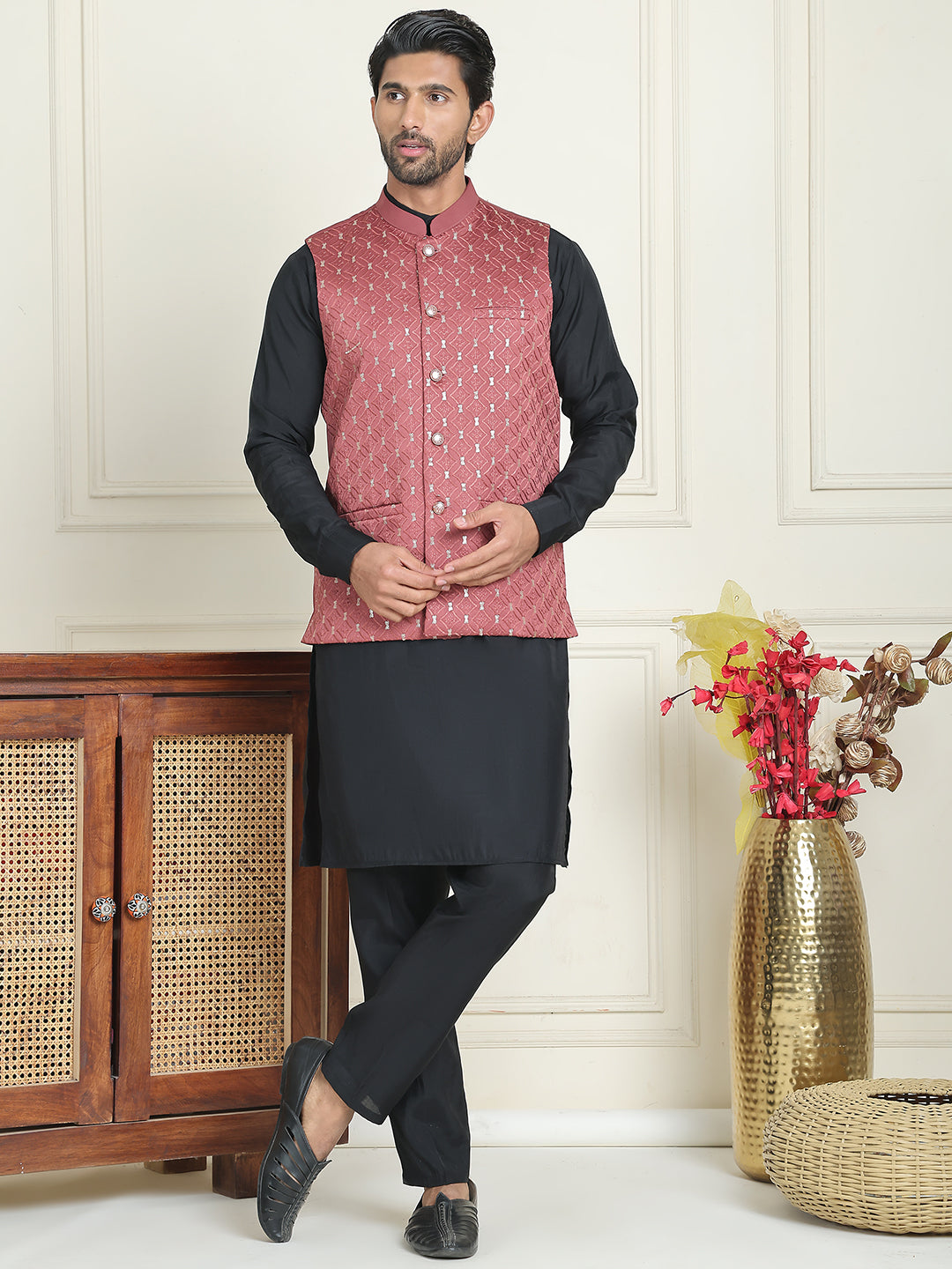 Embroidered Nehru Jacket With Solid Kurta Pyjama ( ANMKPWC 592B 7021Peach  )
