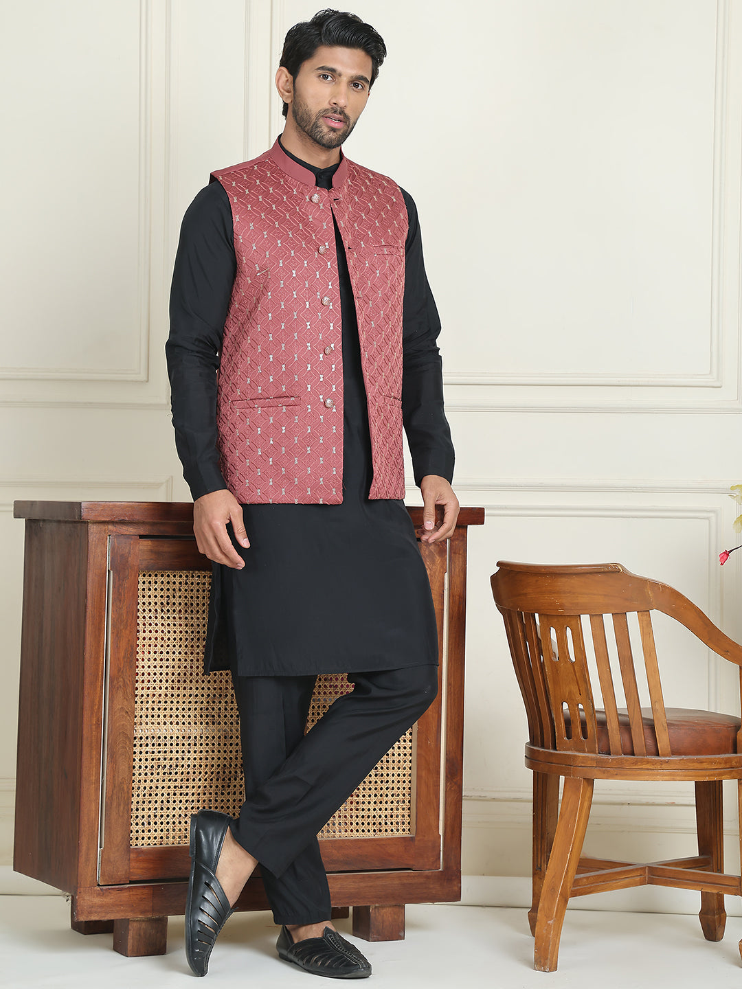 Embroidered Nehru Jacket With Solid Kurta Pyjama ( ANMKPWC 592B 7021Peach  )
