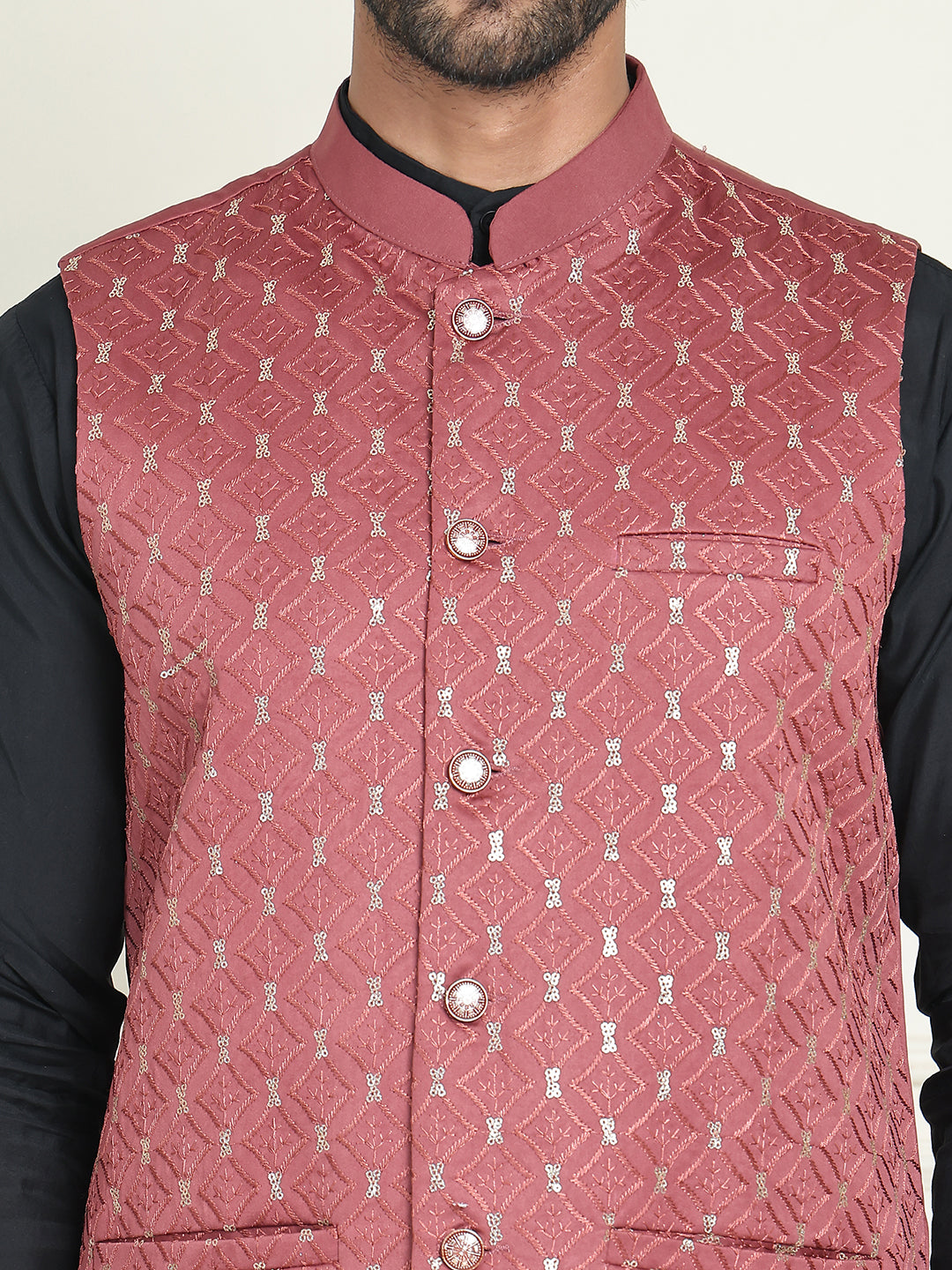 Embroidered Nehru Jacket With Solid Kurta Pyjama ( ANMKPWC 592B 7021Peach  )