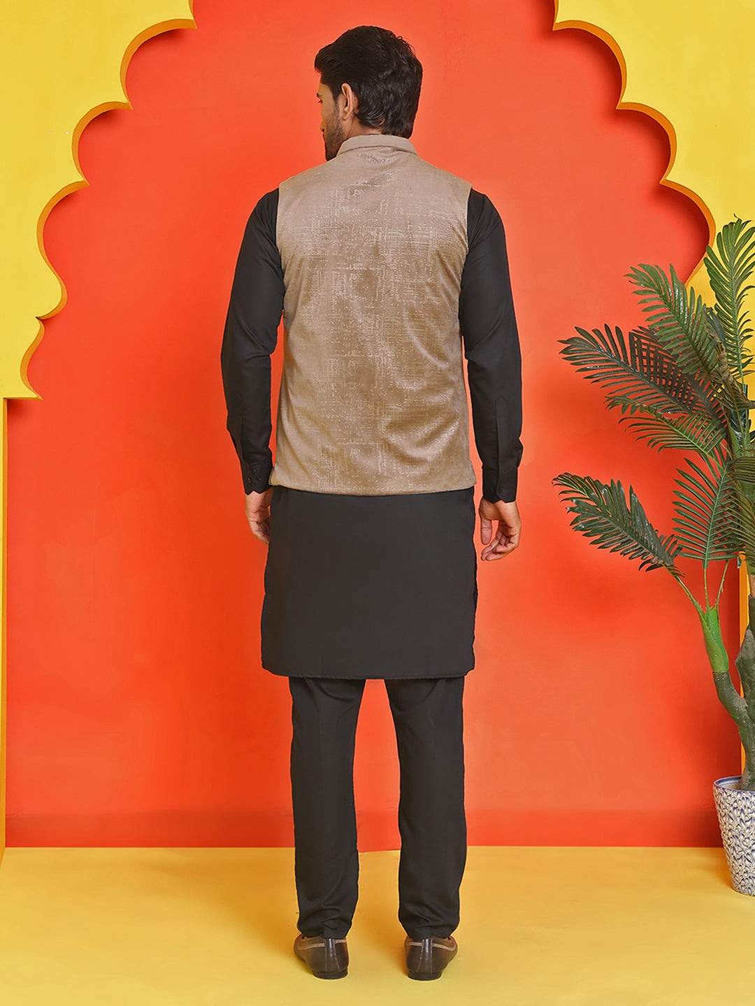 Men's Velvet Nehru Jacket With Solid Kurta Pyjama ( ANMKKPWC 592B 7022Beige )