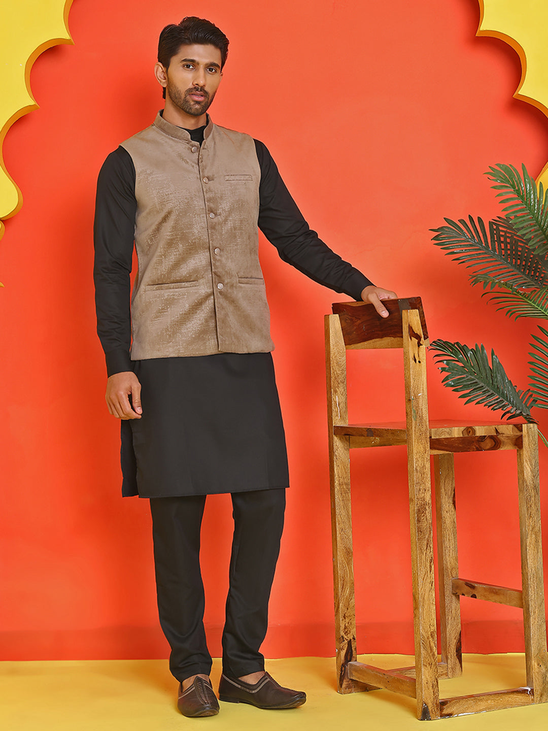 Men's Velvet Nehru Jacket With Solid Kurta Pyjama ( ANMKKPWC 592B 7022Beige )