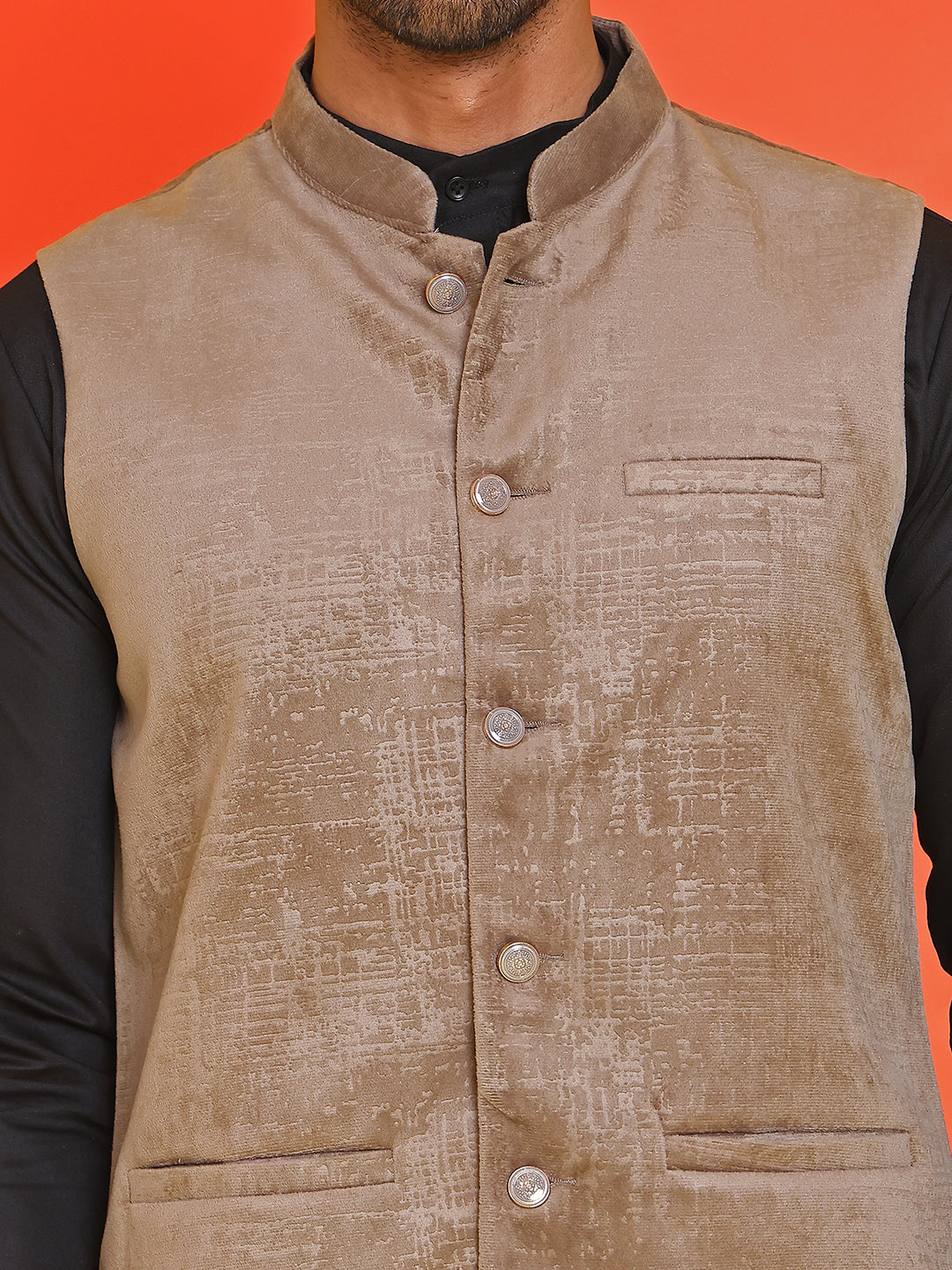 Men's Velvet Nehru Jacket With Solid Kurta Pyjama ( ANMKKPWC 592B 7022Beige )