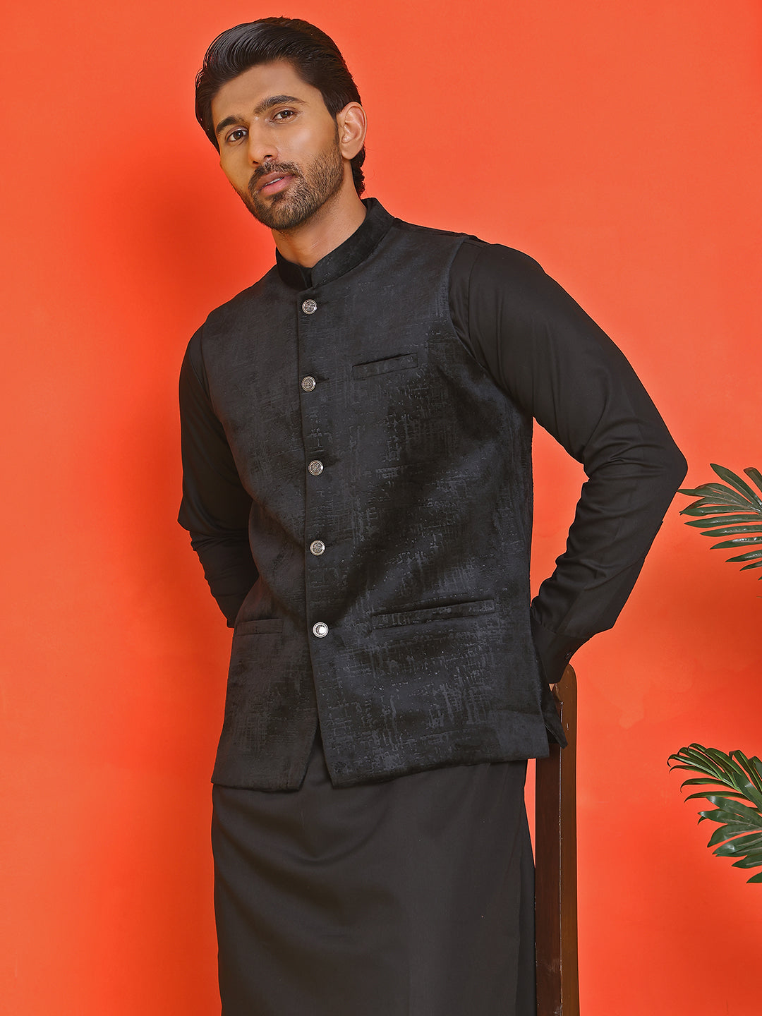 Men's Velvet Nehru Jacket With Solid Kurta Pyjama ( ANMKKPWC 592B 7022Black )