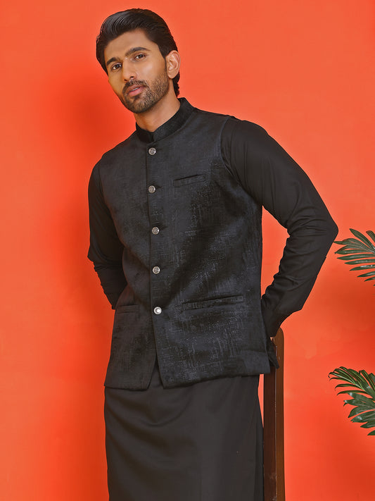 Men's Velvet Nehru Jacket With Solid Kurta Pyjama ( ANMKKPWC 592B 7022Black )