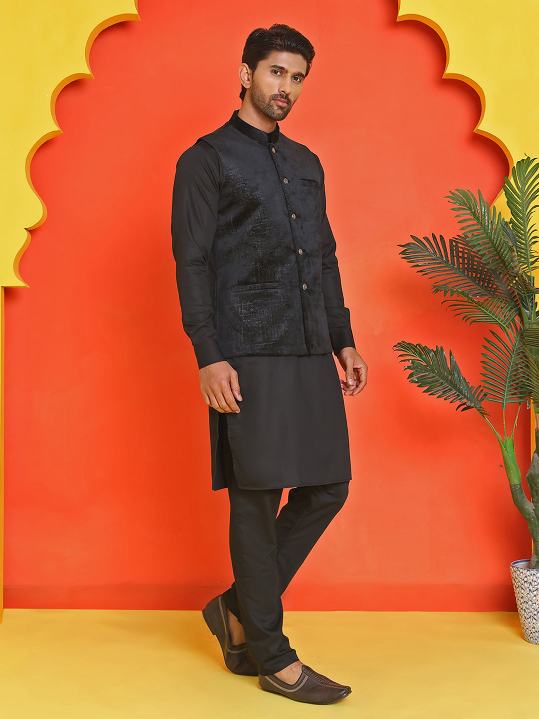 Men's Velvet Nehru Jacket With Solid Kurta Pyjama ( ANMKKPWC 592B 7022Black )
