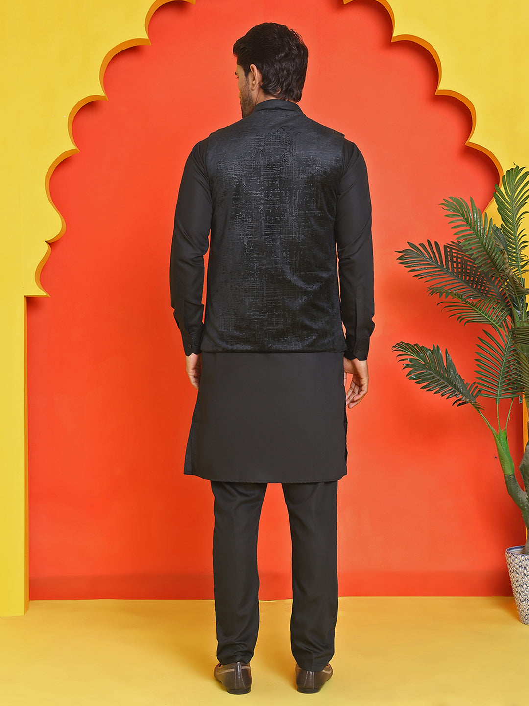 Men's Velvet Nehru Jacket With Solid Kurta Pyjama ( ANMKKPWC 592B 7022Black )