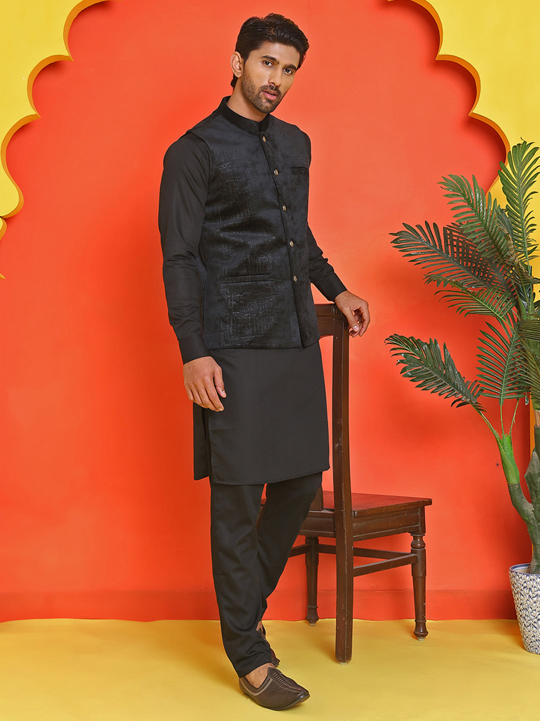 Men's Velvet Nehru Jacket With Solid Kurta Pyjama ( ANMKKPWC 592B 7022Black )