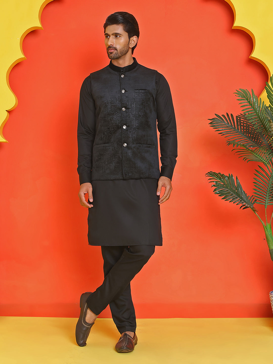 Men's Velvet Nehru Jacket With Solid Kurta Pyjama ( ANMKKPWC 592B 7022Black )