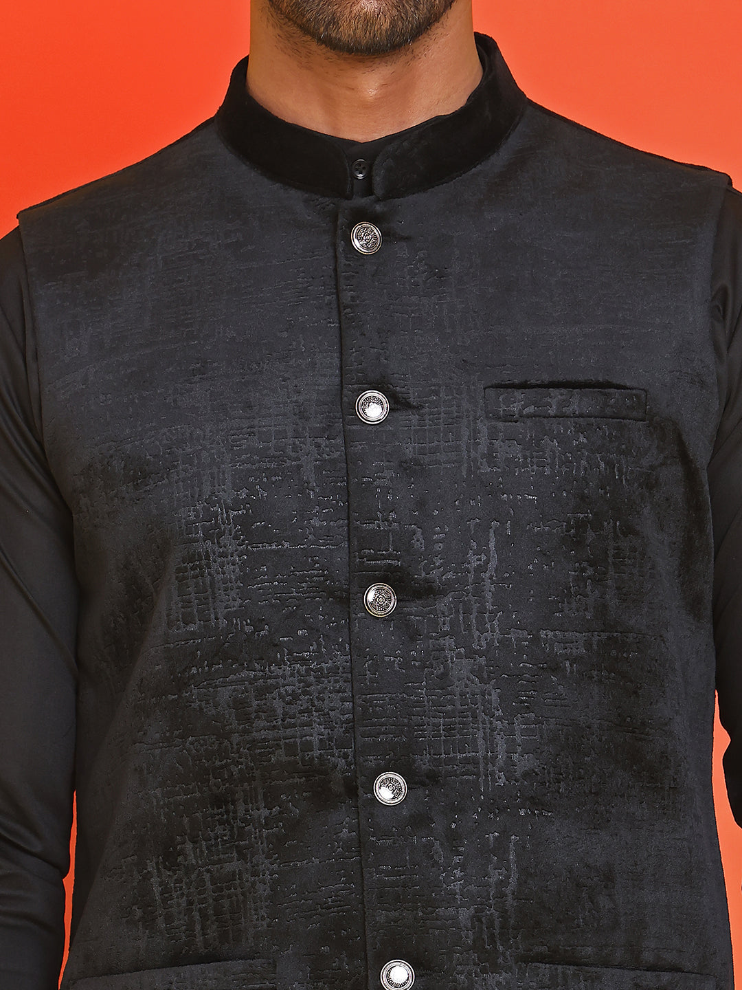 Men's Velvet Nehru Jacket With Solid Kurta Pyjama ( ANMKKPWC 592B 7022Black )