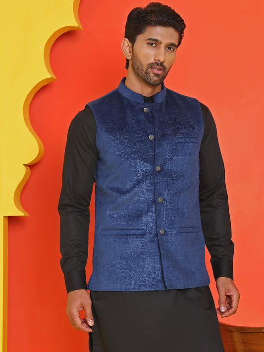 Men's Velvet Nehru Jacket With Solid Kurta Pyjama ( ANMKKPWC 592B 7022Blue )