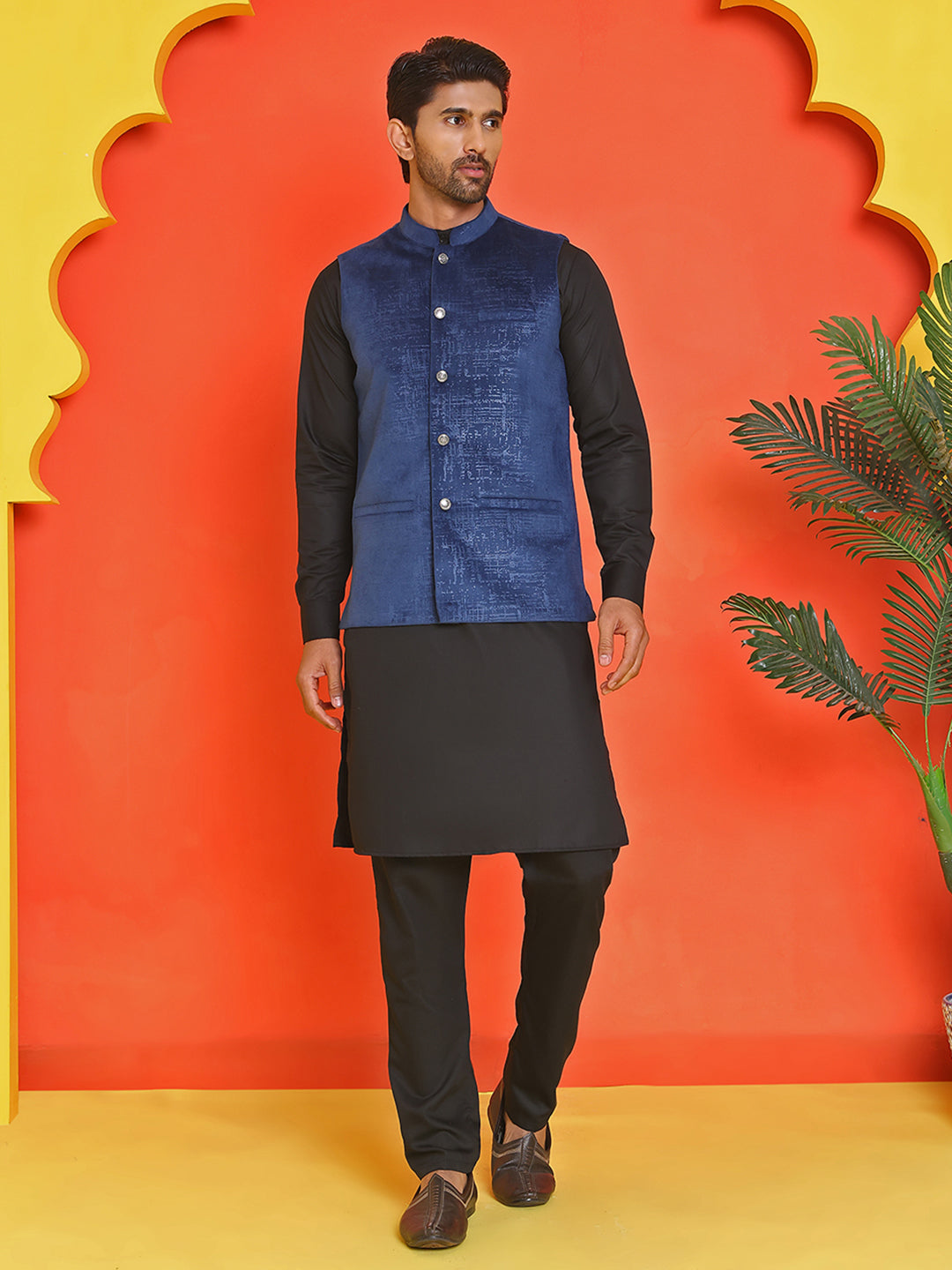 Men's Velvet Nehru Jacket With Solid Kurta Pyjama ( ANMKKPWC 592B 7022Blue )