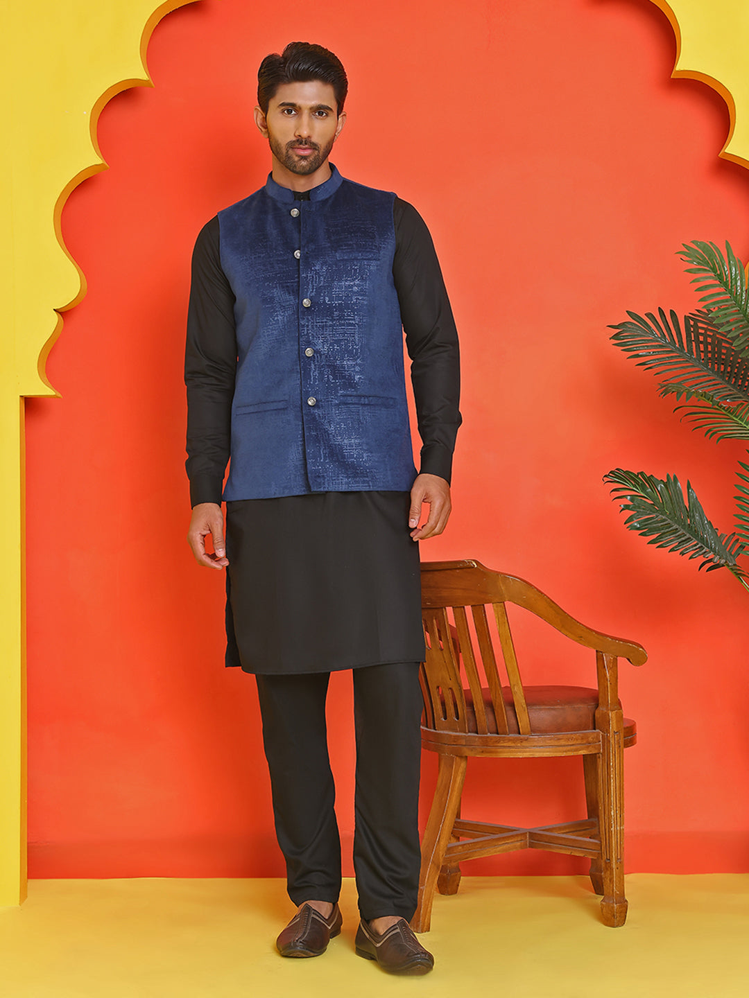 Men's Velvet Nehru Jacket With Solid Kurta Pyjama ( ANMKKPWC 592B 7022Blue )