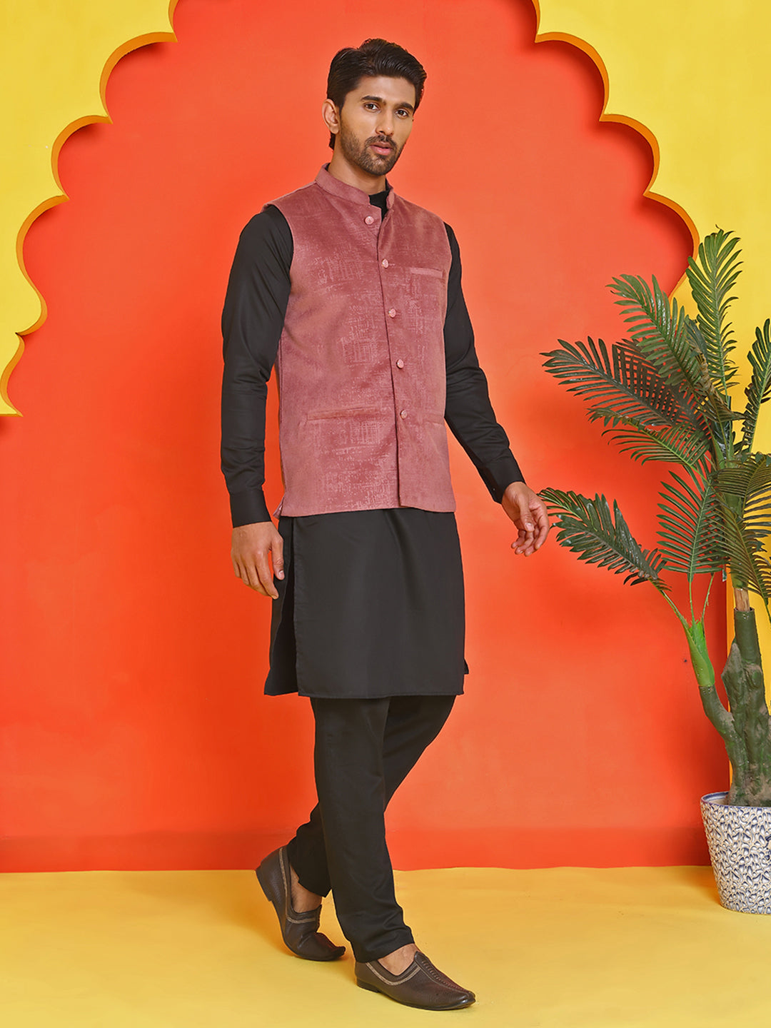 Men's Velvet Nehru Jacket With Solid Kurta Pyjama ( ANMKKPWC 592B 7022Magenta )