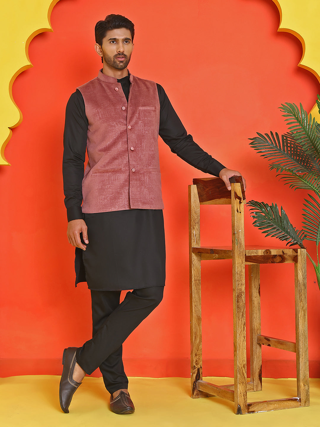 Men's Velvet Nehru Jacket With Solid Kurta Pyjama ( ANMKKPWC 592B 7022Magenta )