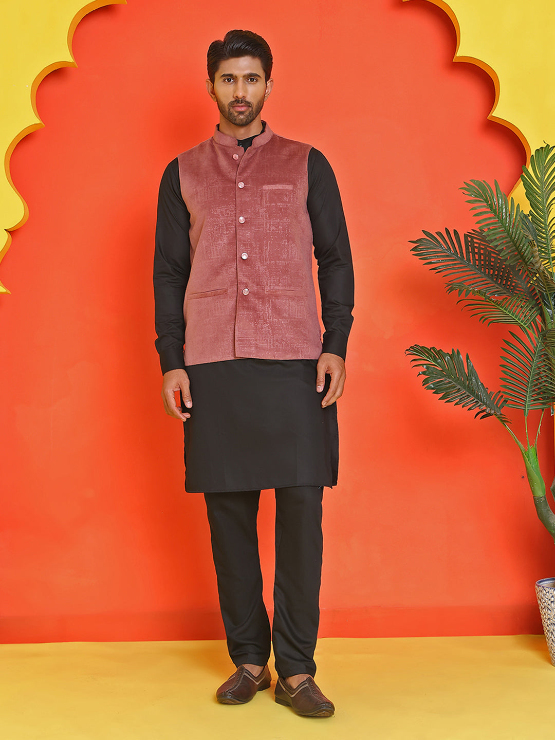Men's Velvet Nehru Jacket With Solid Kurta Pyjama ( ANMKKPWC 592B 7022Magenta )