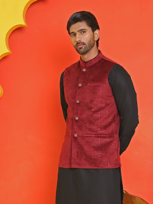 Men's Velvet Nehru Jacket With Solid Kurta Pyjama ( ANMKKPWC 592B 7022Maroon )