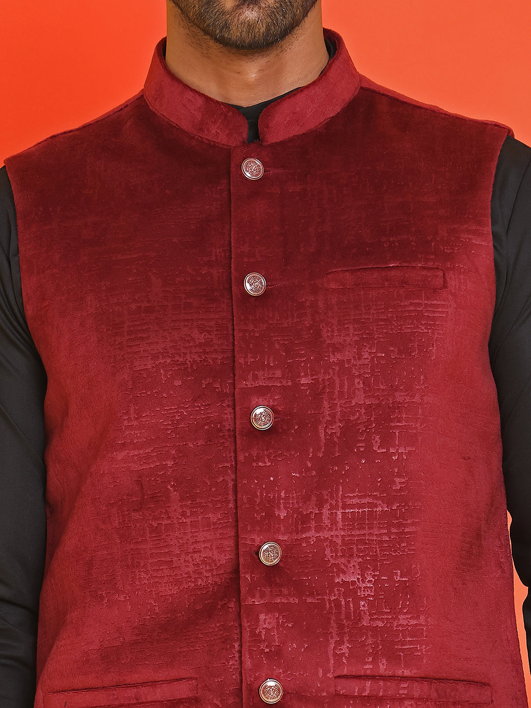 Men's Velvet Nehru Jacket With Solid Kurta Pyjama ( ANMKKPWC 592B 7022Maroon )