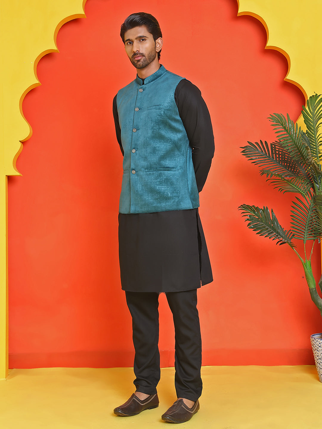 Men's Velvet Nehru Jacket With Solid Kurta Pyjama ( ANMKKPWC 592B 7022Peacock )