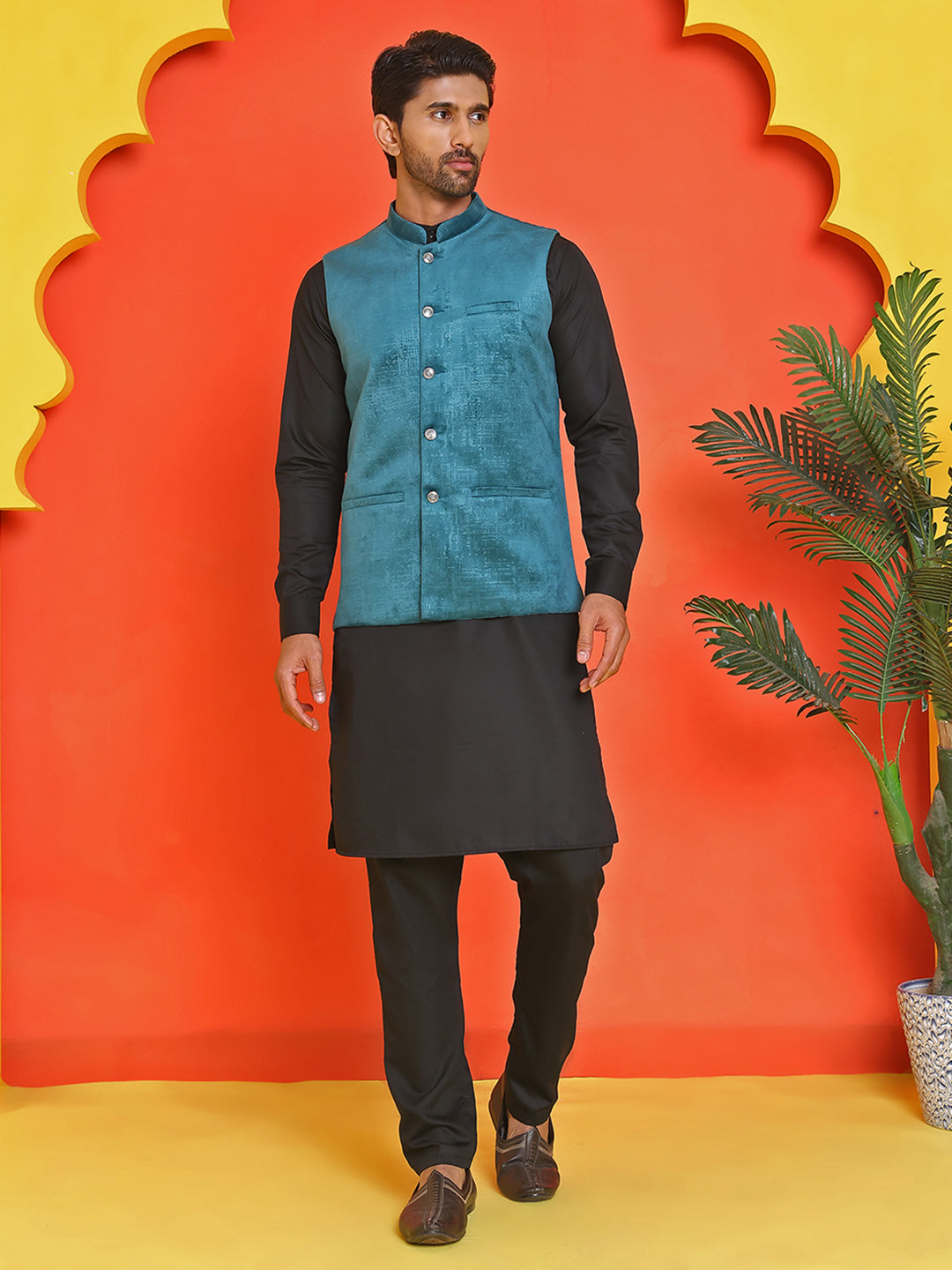 Men's Velvet Nehru Jacket With Solid Kurta Pyjama ( ANMKKPWC 592B 7022Peacock )