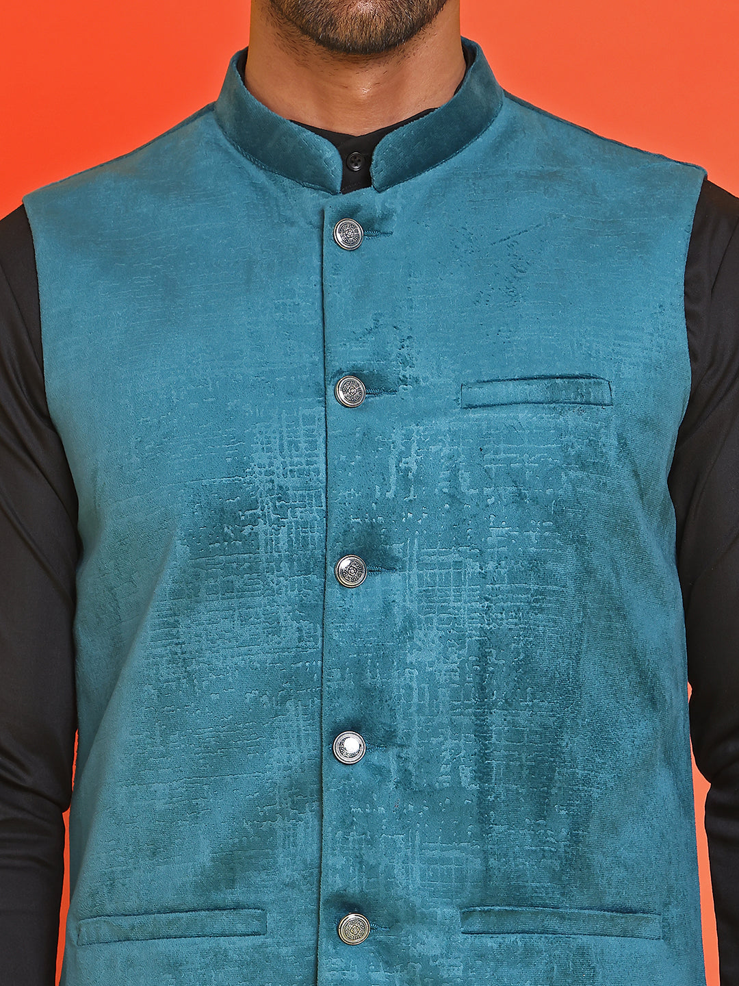 Men's Velvet Nehru Jacket With Solid Kurta Pyjama ( ANMKKPWC 592B 7022Peacock )