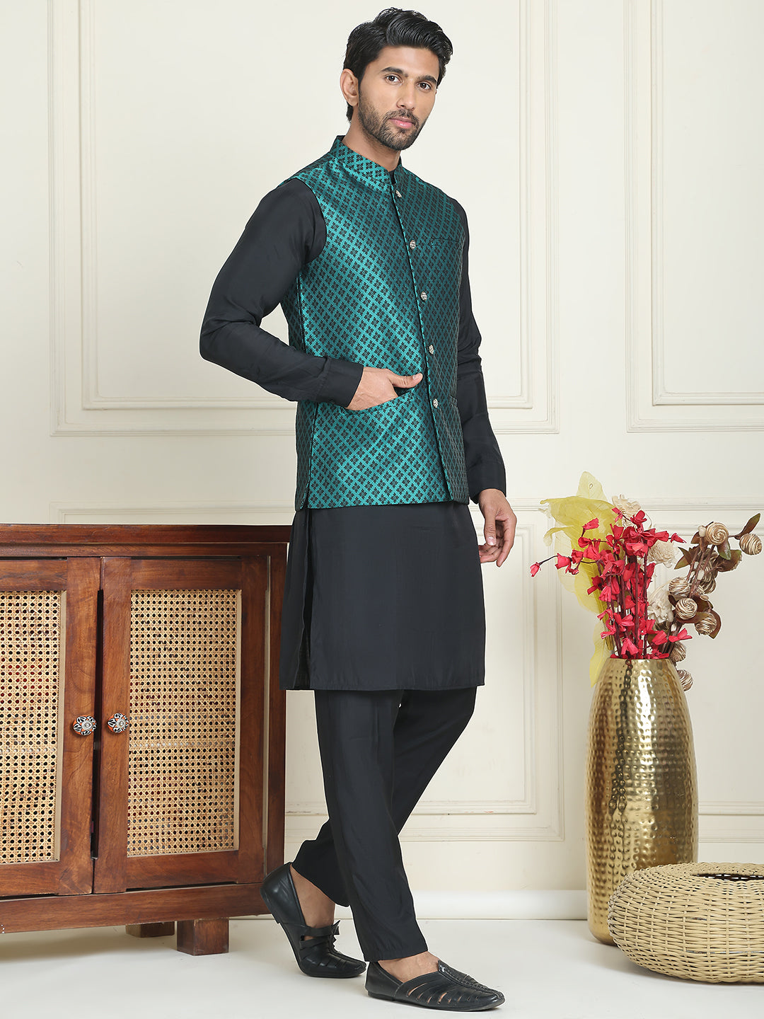 Men's Woven Design Nehru Jacket With Solid Kurta Pyjama ( ANMKPWC 592B 7023Green  )