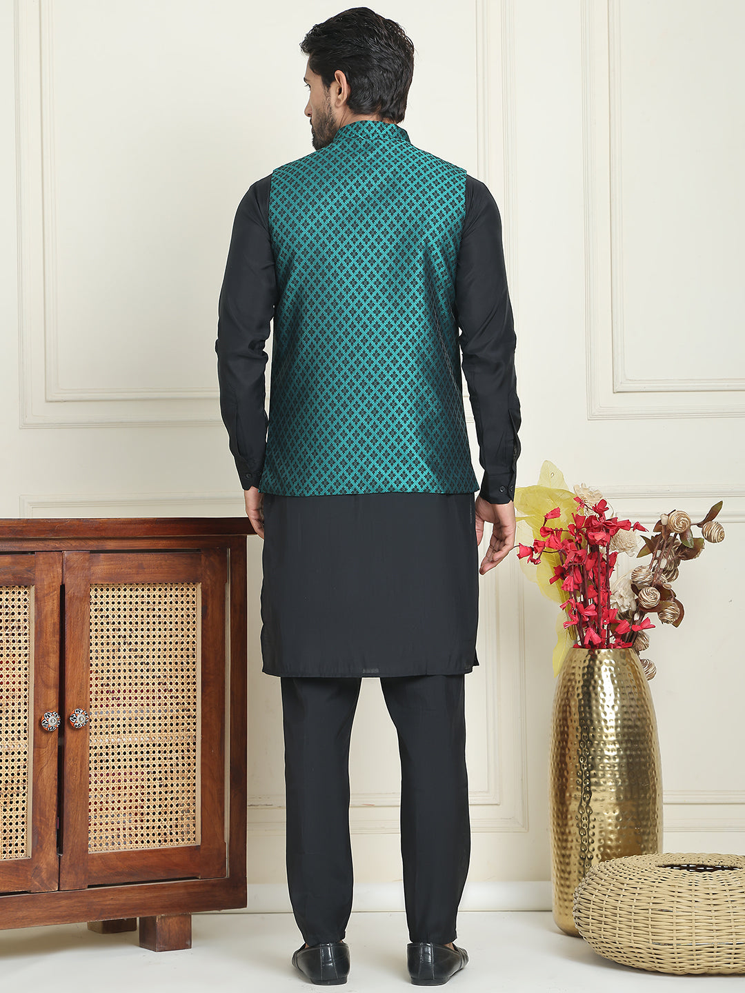 Men's Woven Design Nehru Jacket With Solid Kurta Pyjama ( ANMKPWC 592B 7023Green  )