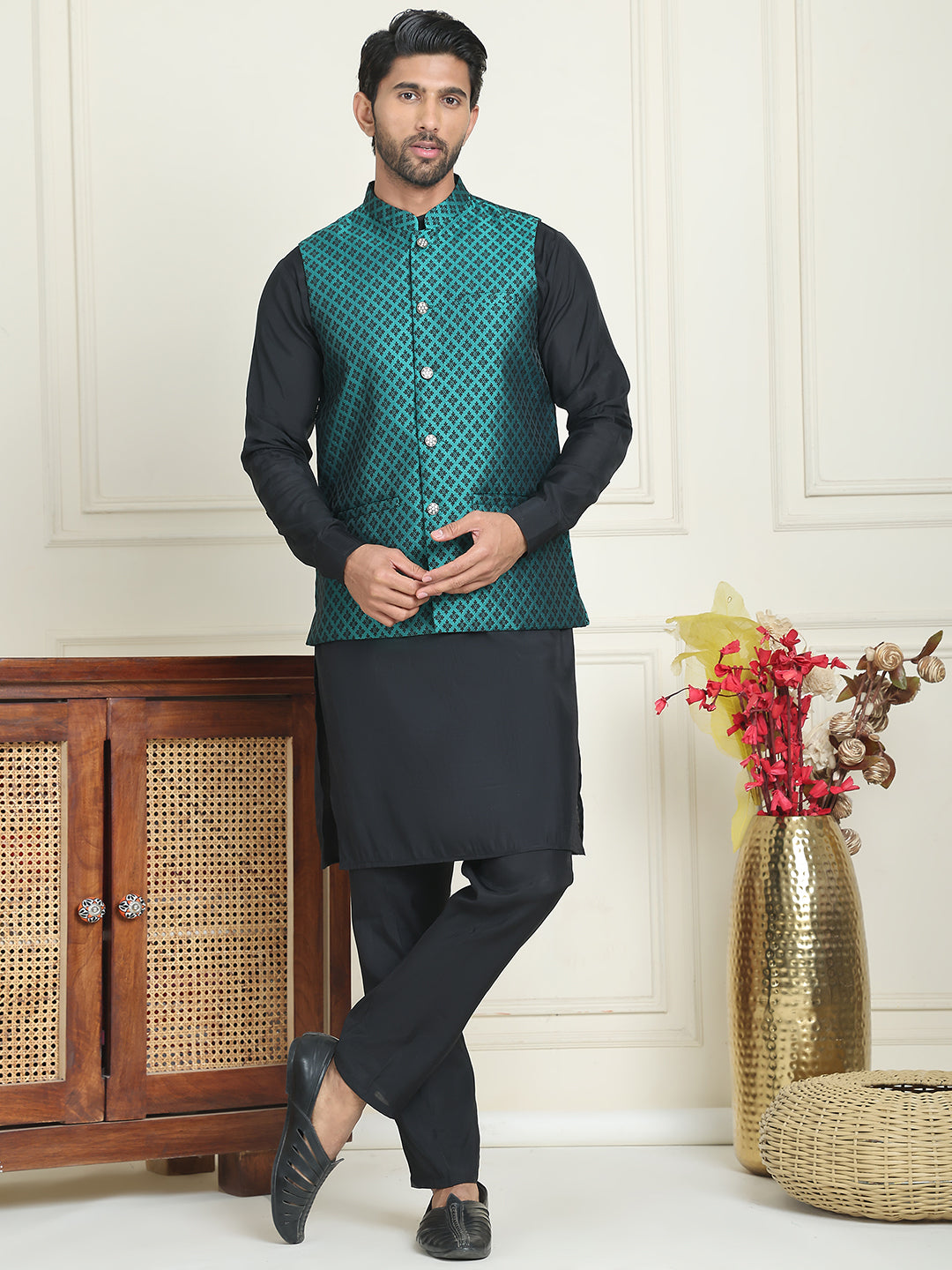 Men's Woven Design Nehru Jacket With Solid Kurta Pyjama ( ANMKPWC 592B 7023Green  )