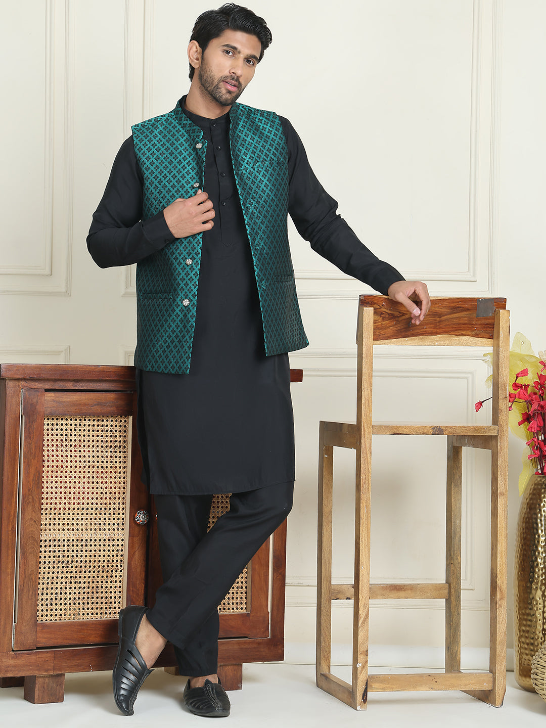 Men's Woven Design Nehru Jacket With Solid Kurta Pyjama ( ANMKPWC 592B 7023Green  )
