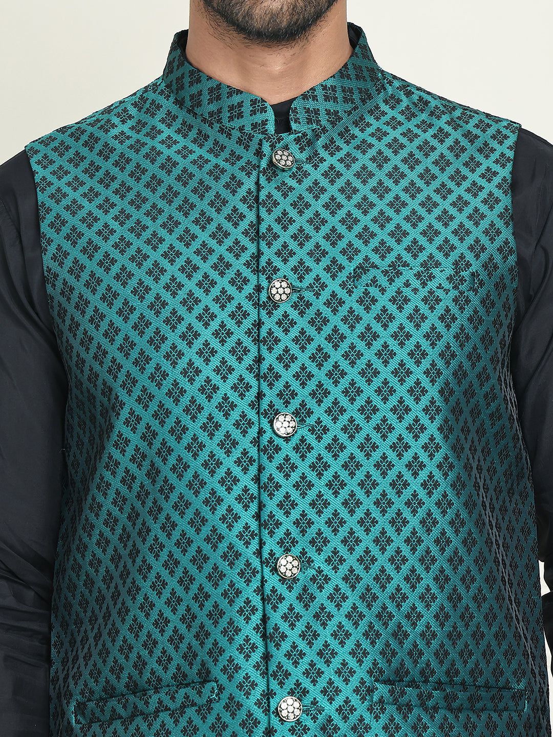 Men's Woven Design Nehru Jacket With Solid Kurta Pyjama ( ANMKPWC 592B 7023Green  )
