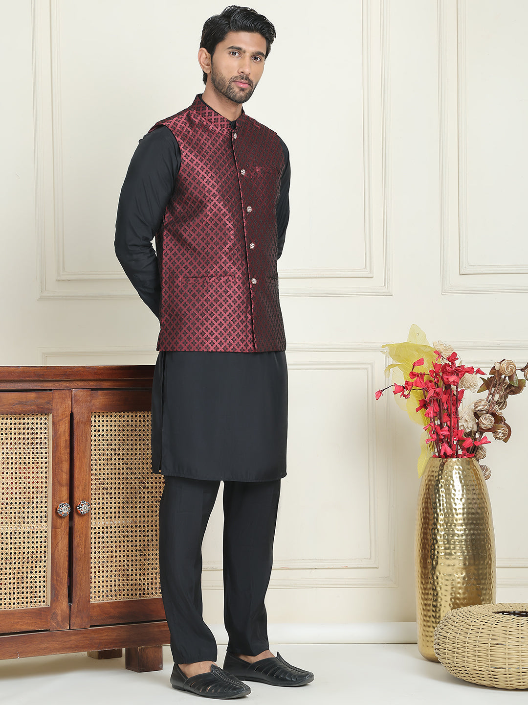 Men's Woven Design Nehru Jacket With Solid Kurta Pyjama ( ANMKPWC 592B 7023Maroon  )
