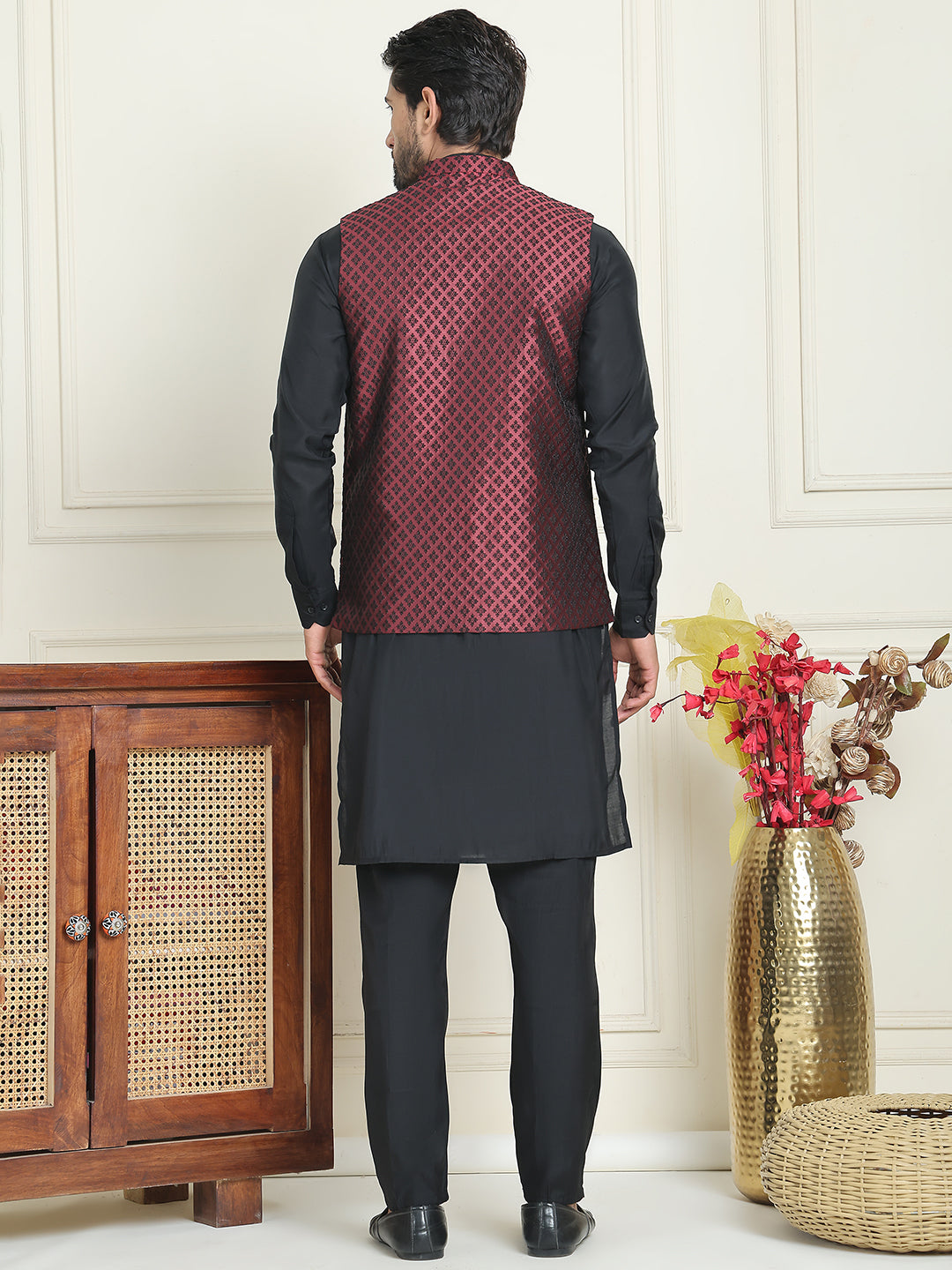 Men's Woven Design Nehru Jacket With Solid Kurta Pyjama ( ANMKPWC 592B 7023Maroon  )