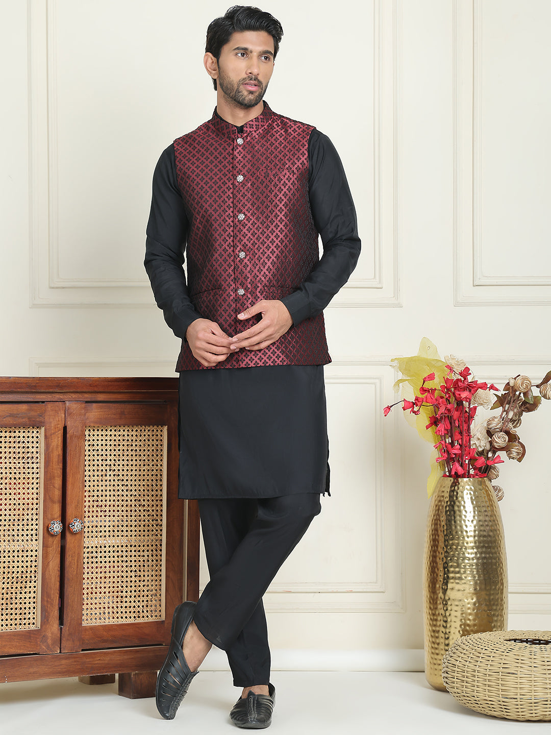 Men's Woven Design Nehru Jacket With Solid Kurta Pyjama ( ANMKPWC 592B 7023Maroon  )