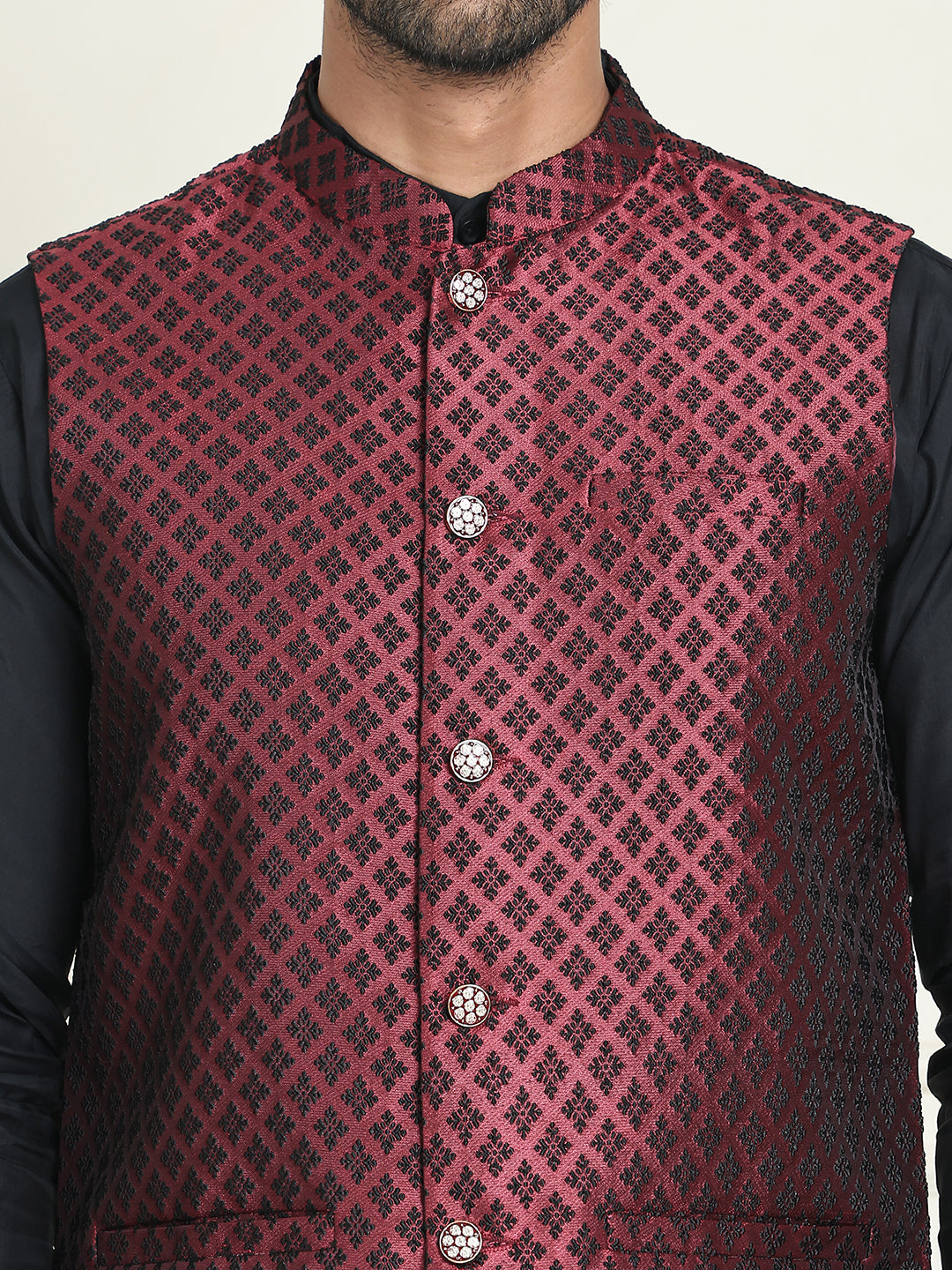 Men's Woven Design Nehru Jacket With Solid Kurta Pyjama ( ANMKPWC 592B 7023Maroon  )
