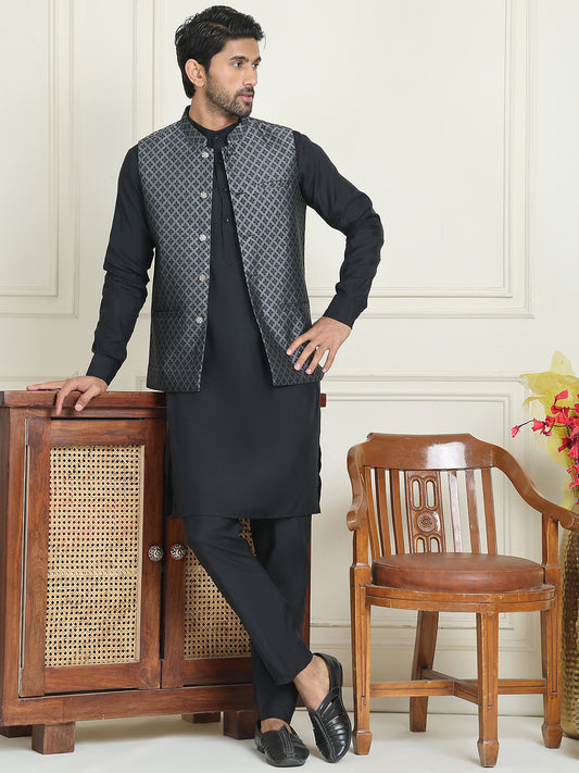 Men's Woven Design Nehru Jacket With Solid Kurta Pyjama ( ANMKPWC 592B 7023Silver  )