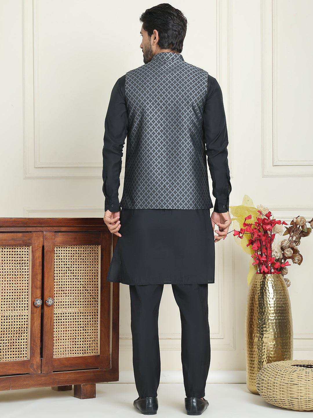 Men's Woven Design Nehru Jacket With Solid Kurta Pyjama ( ANMKPWC 592B 7023Silver  )