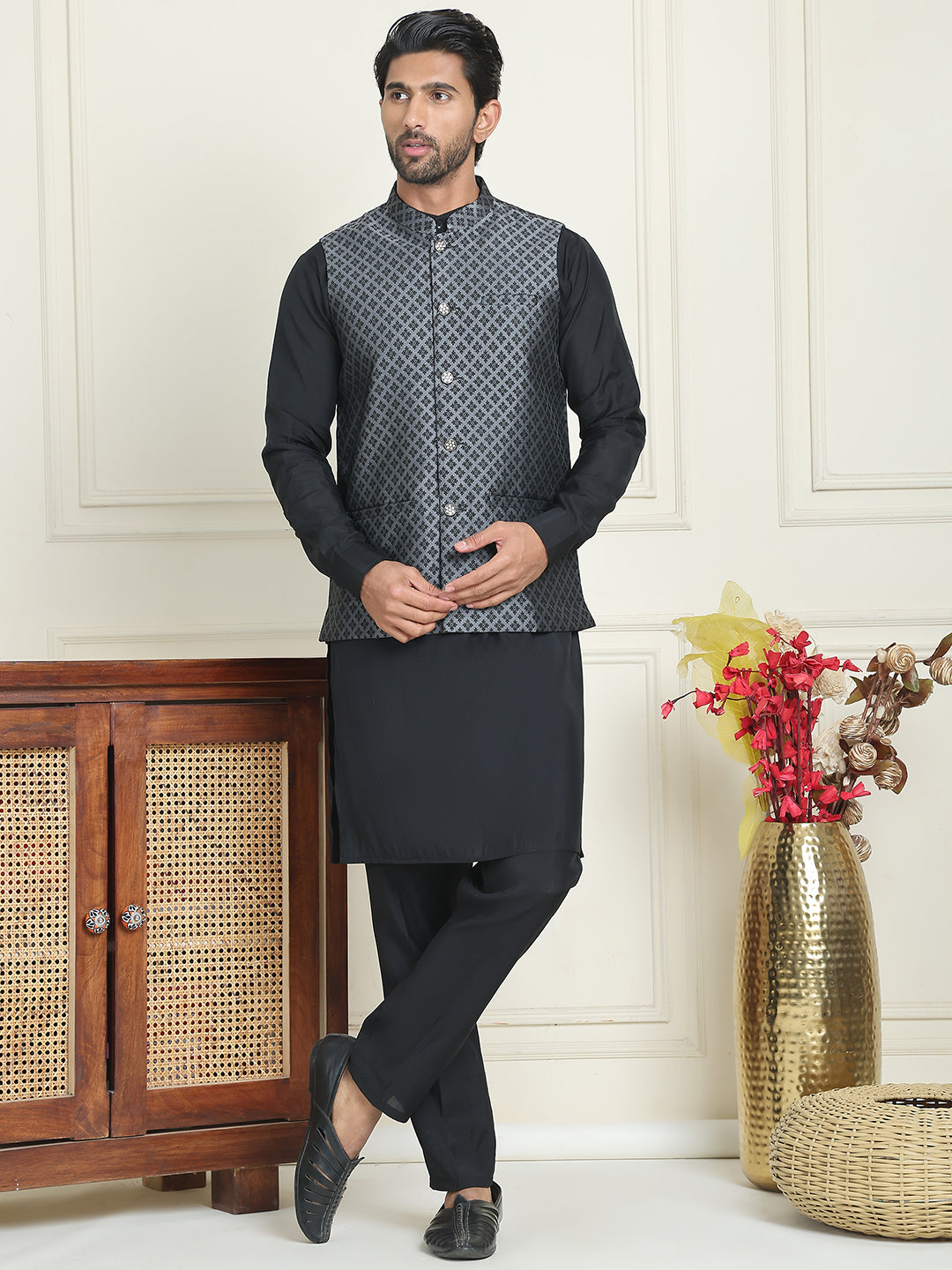 Men's Woven Design Nehru Jacket With Solid Kurta Pyjama ( ANMKPWC 592B 7023Silver  )