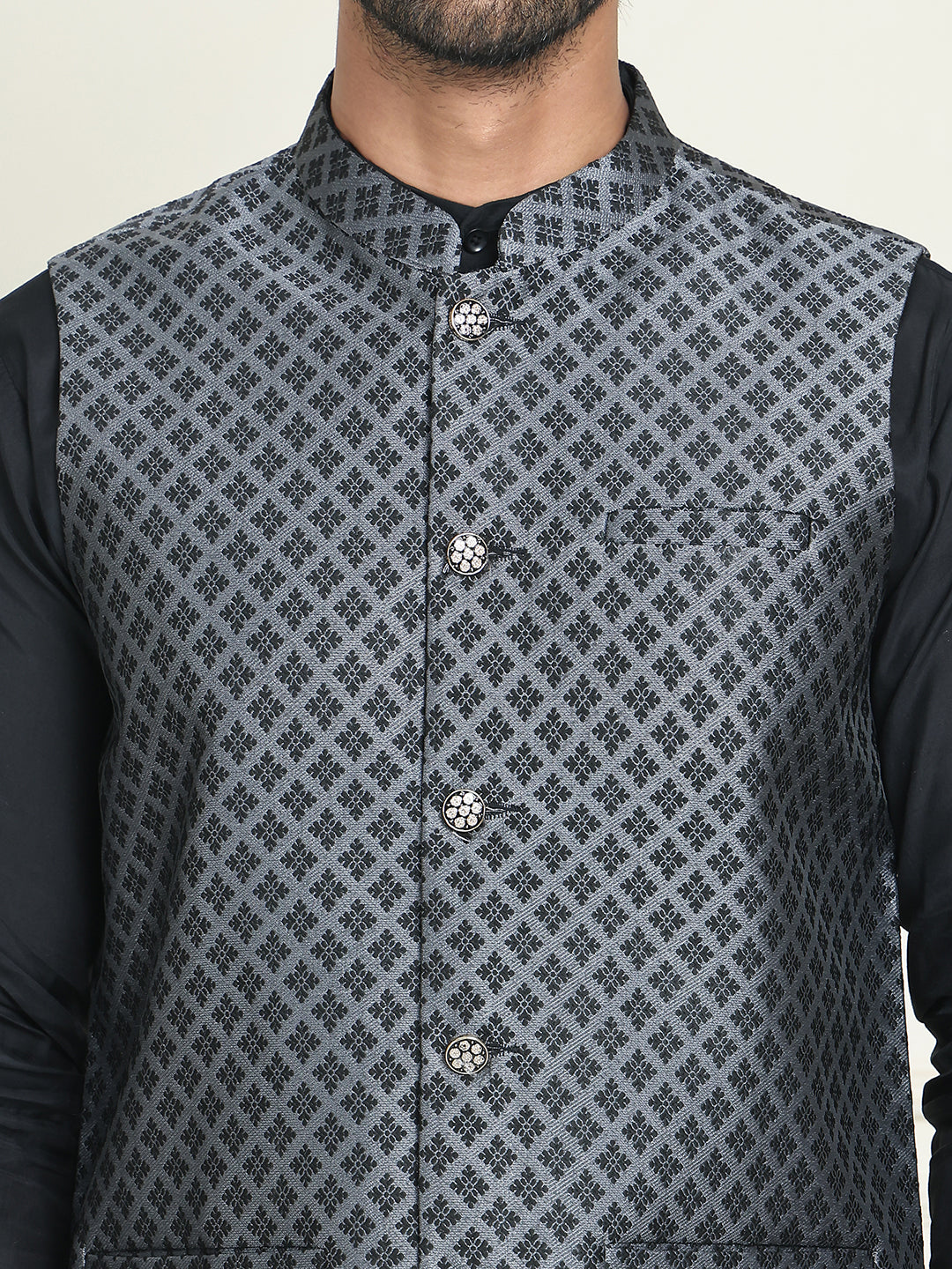 Men's Woven Design Nehru Jacket With Solid Kurta Pyjama ( ANMKPWC 592B 7023Silver  )