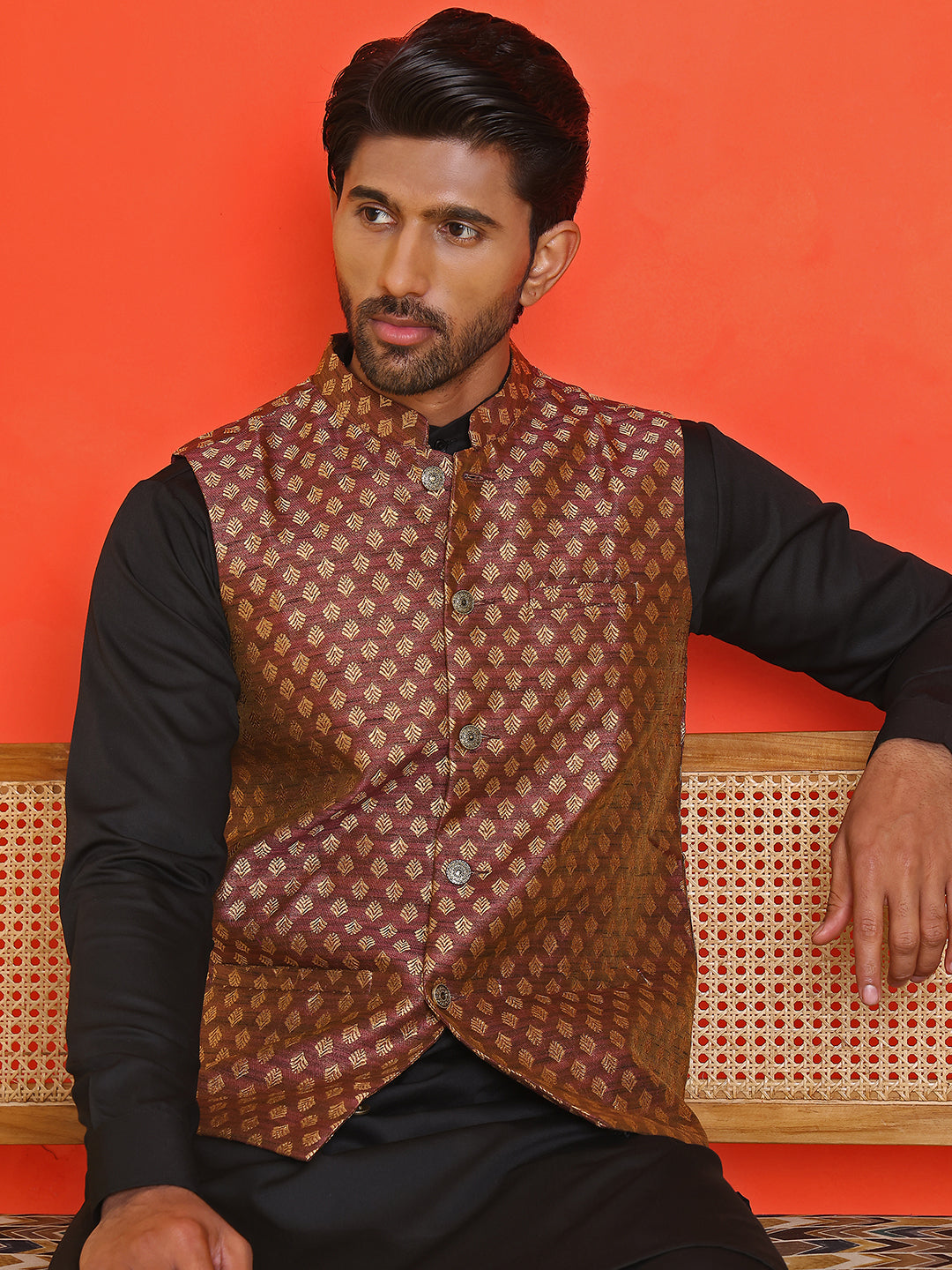 Woven Design Nehru Jacket With Solid Kurta Pyjama for Men ( ANMKPWC 592B 7024Maroon )