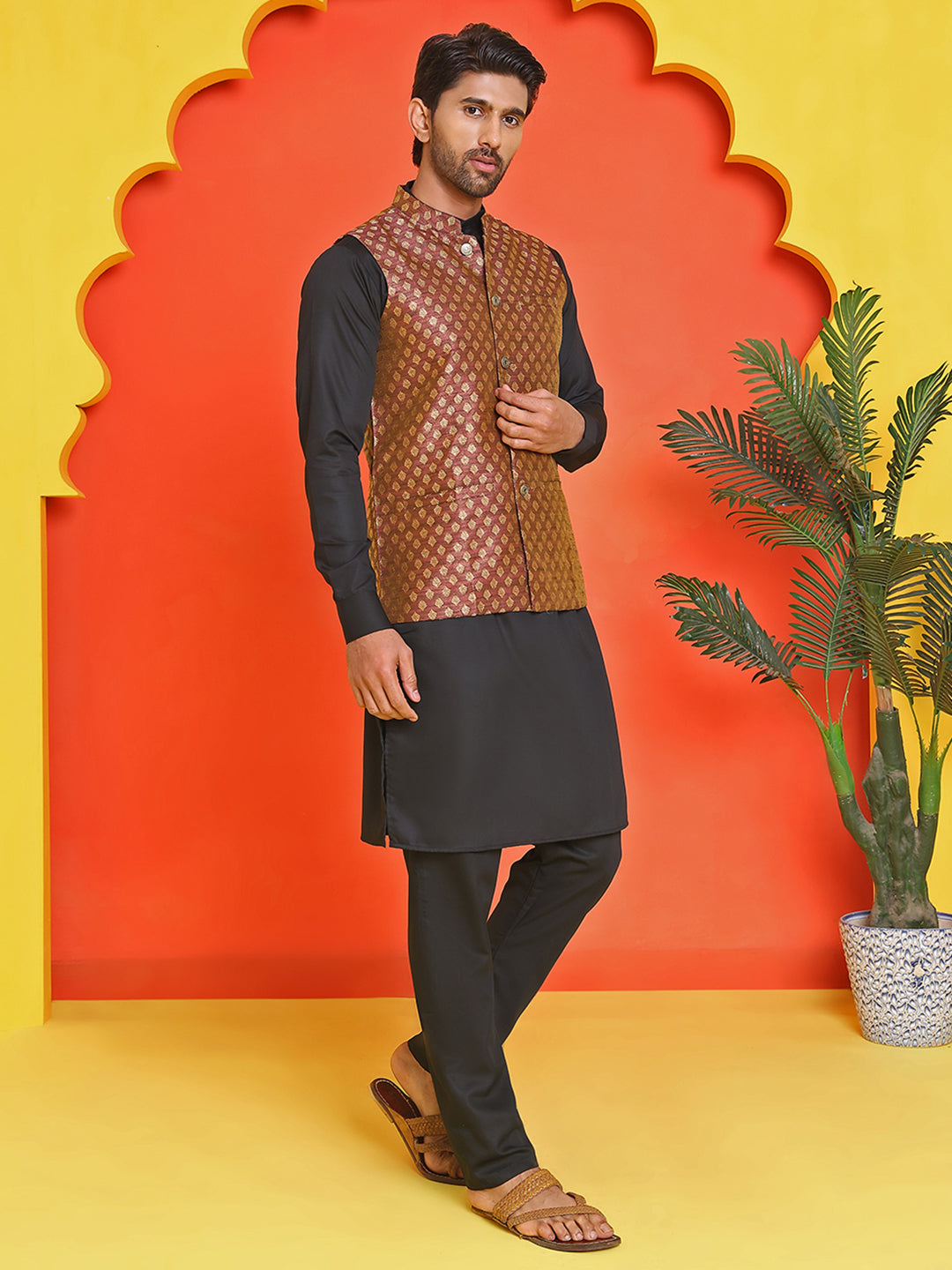 Woven Design Nehru Jacket With Solid Kurta Pyjama for Men ( ANMKPWC 592B 7024Maroon )