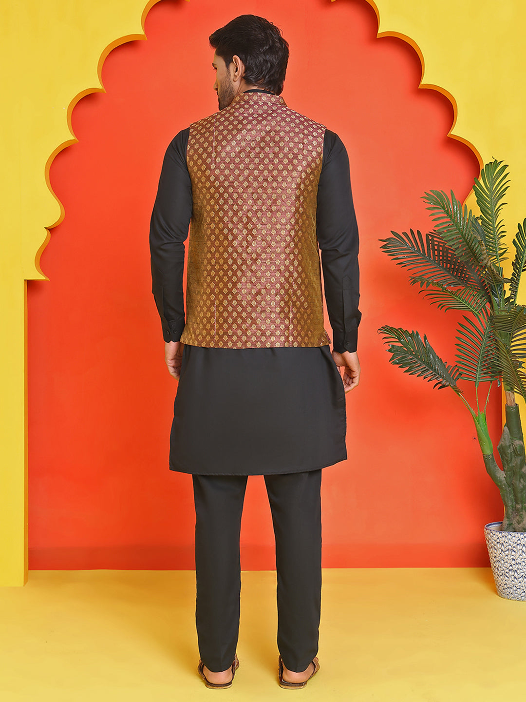 Woven Design Nehru Jacket With Solid Kurta Pyjama for Men ( ANMKPWC 592B 7024Maroon )